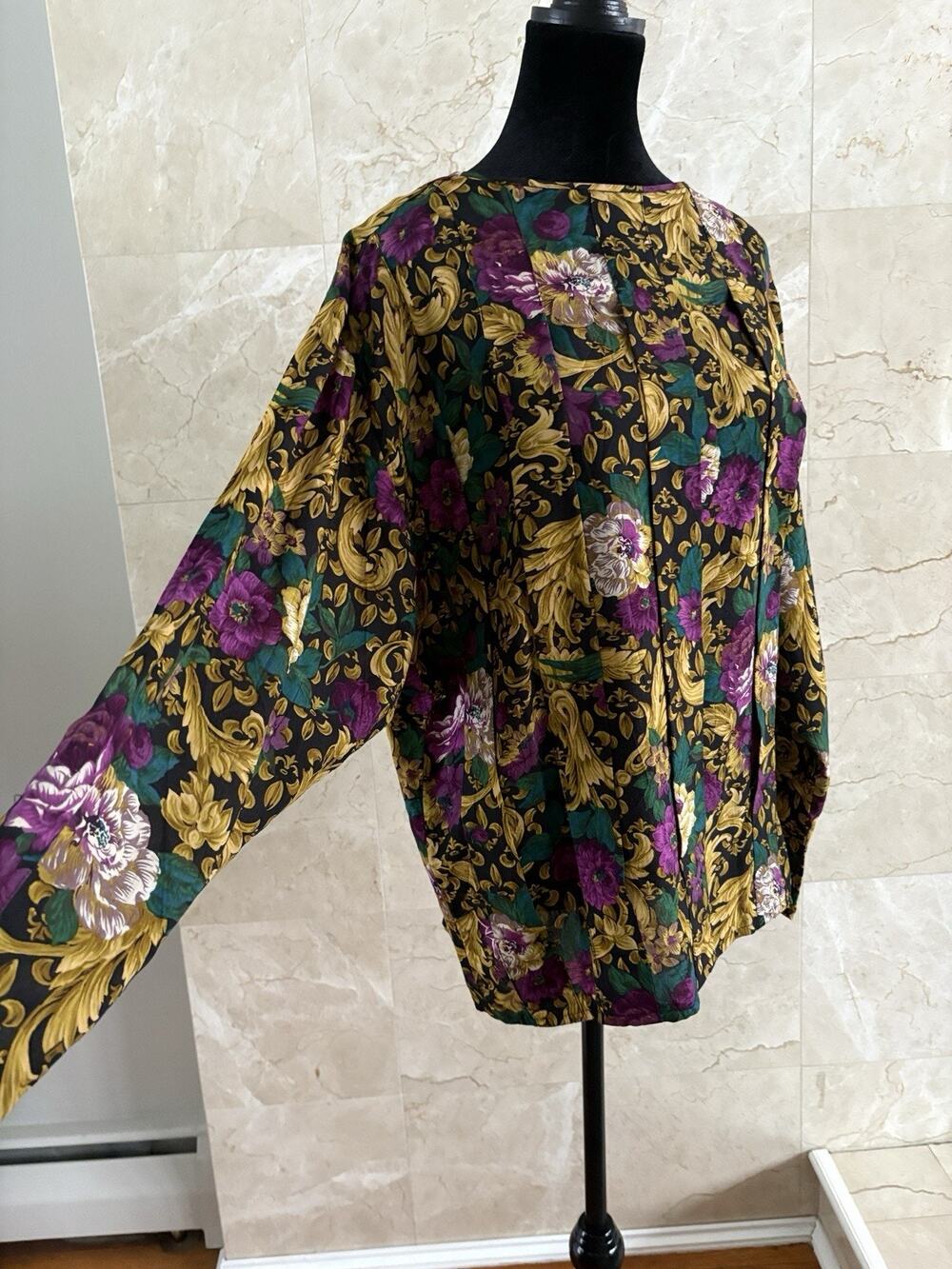 VTG 80s Anne Pinkerton Rayon Blouse - Sz 8, Baroque Purple & Gold, Japan-made